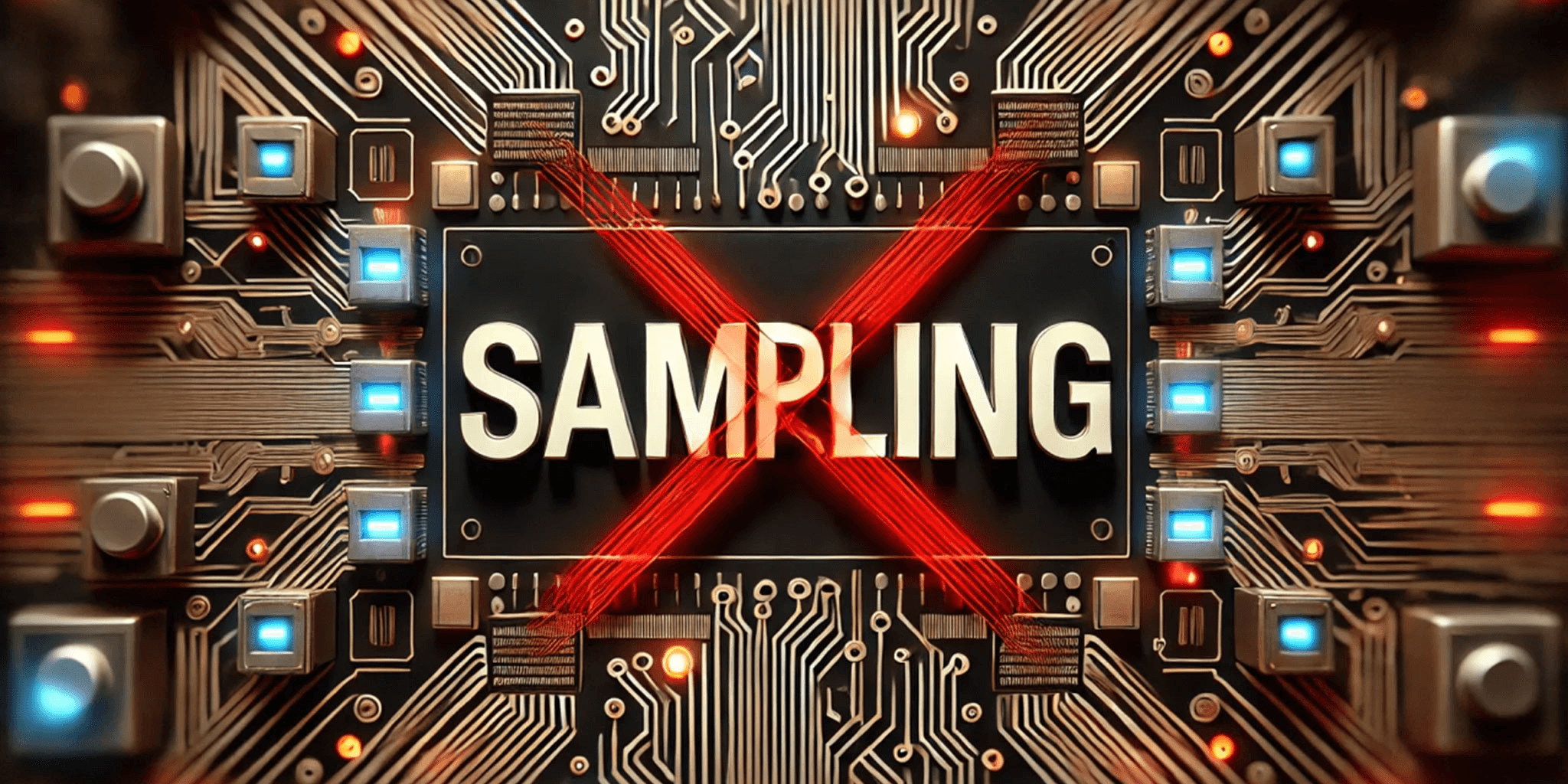 Circuit board design with red crossed wires surrounding the word ‘SAMPLING,’ symbolizing blocked or restricted sampling.