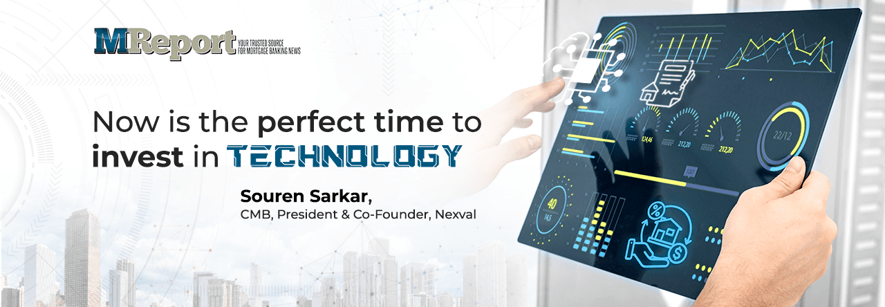 MReport banner featuring the headline “Now is the perfect time to invest in technology,” with a digital analytics dashboard displayed on a tablet and attribution to Souren Sarkar, CMB, President & Co-Founder, Nexval.