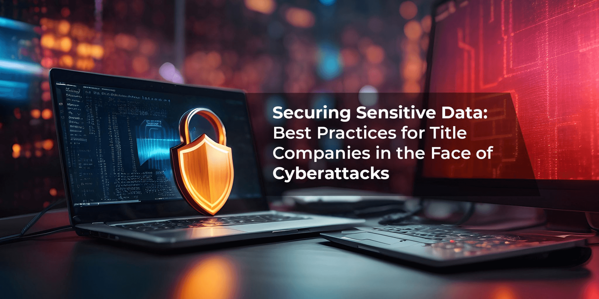 Laptop displaying code with a glowing shield icon, alongside a second computer, illustrating cybersecurity and sensitive data protection. The image includes the headline “Securing Sensitive Data: Best Practices for Title Companies in the Face of Cyberattacks.”