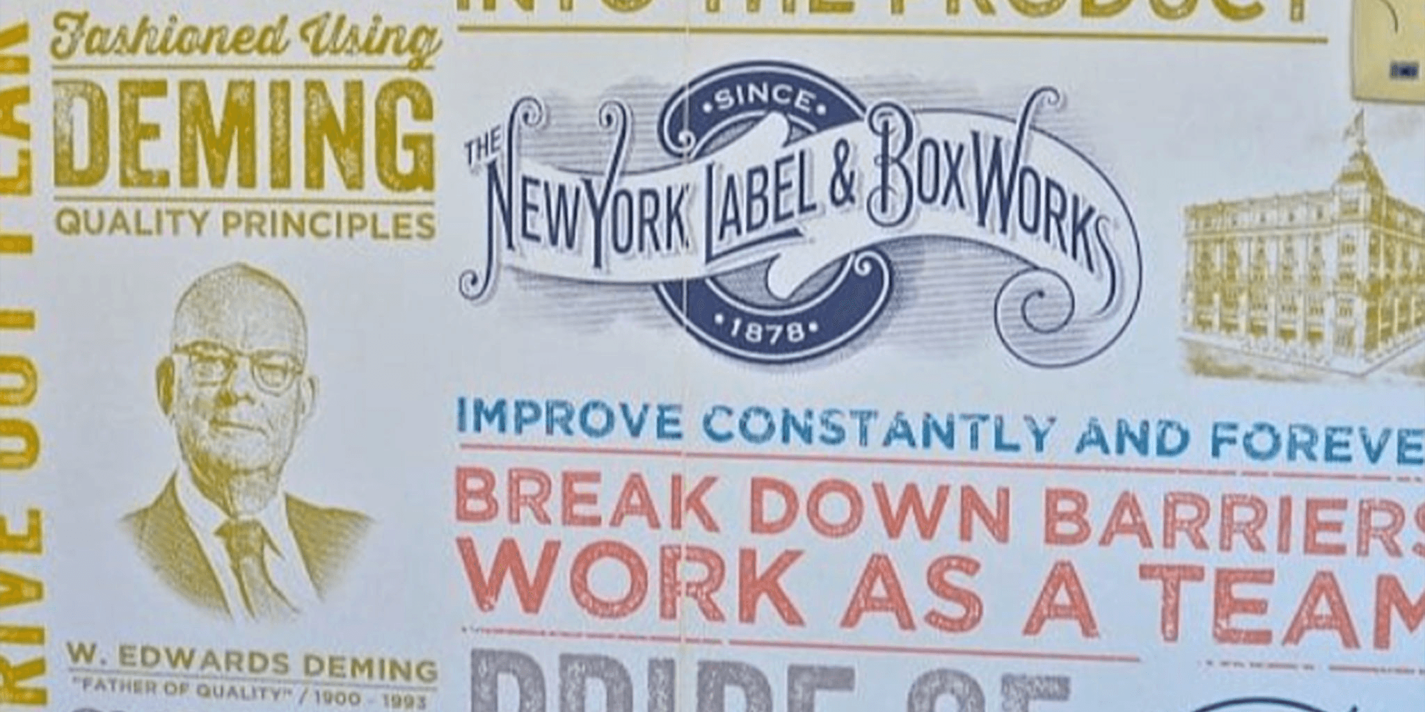 A vintage poster featuring W. Edwards Deming and the New York Label & Box Works, with quality-management principles including “Improve Constantly and Forever” and “Break Down Barriers, Work as a Team.”