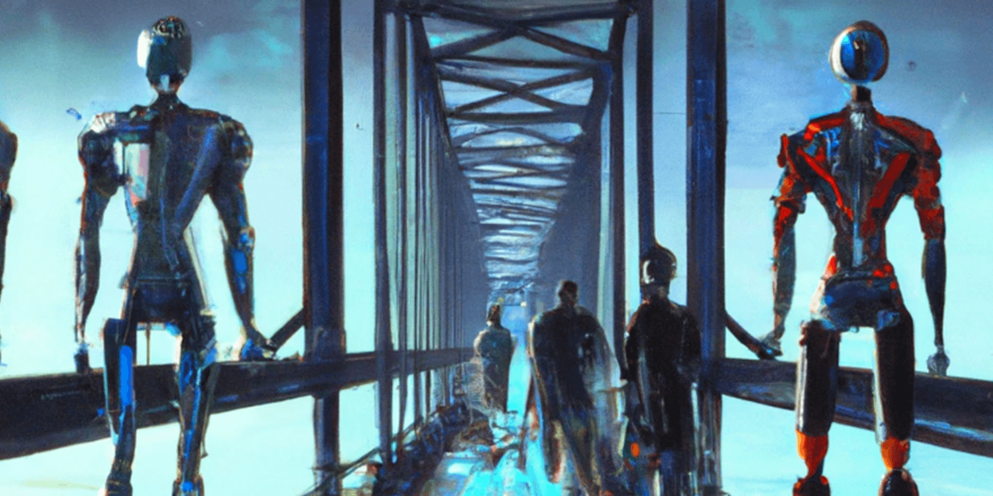 Futuristic scene of people and humanoid robots walking across a large suspension bridge, symbolizing collaboration between humans and artificial intelligence.