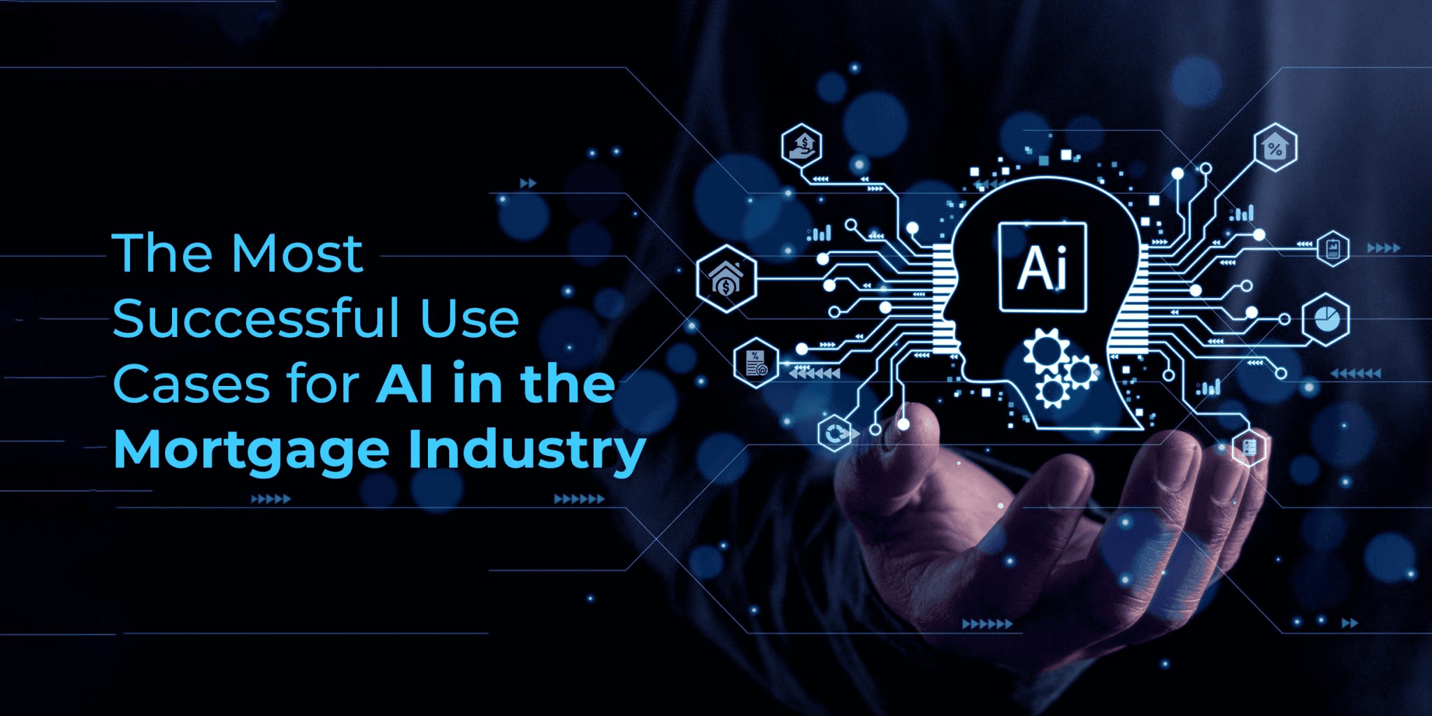 AI illustration showing a hand holding a glowing digital head with circuit connections and mortgage-related icons, representing successful AI use cases in the mortgage industry.