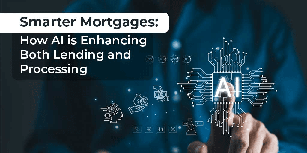 Smarter mortgages using AI to enhance lending and processing, featuring a person interacting with a glowing AI chip and digital financial icons.